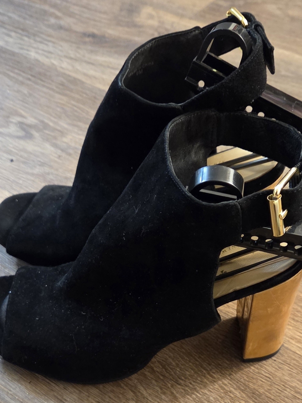 kate spade Black Suede Open-Toe Ankle Mules with Gold Buckles - Picture 2 of 6